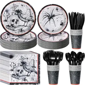 Halloween Party Plates Supplies,Disposable Vintage Skull,Spider Web Tableware Paper Plates and Napkins Cups Knives Spoons Forks for Halloween Birthday Baby Shower Party Decorations,Serve 50 Guests