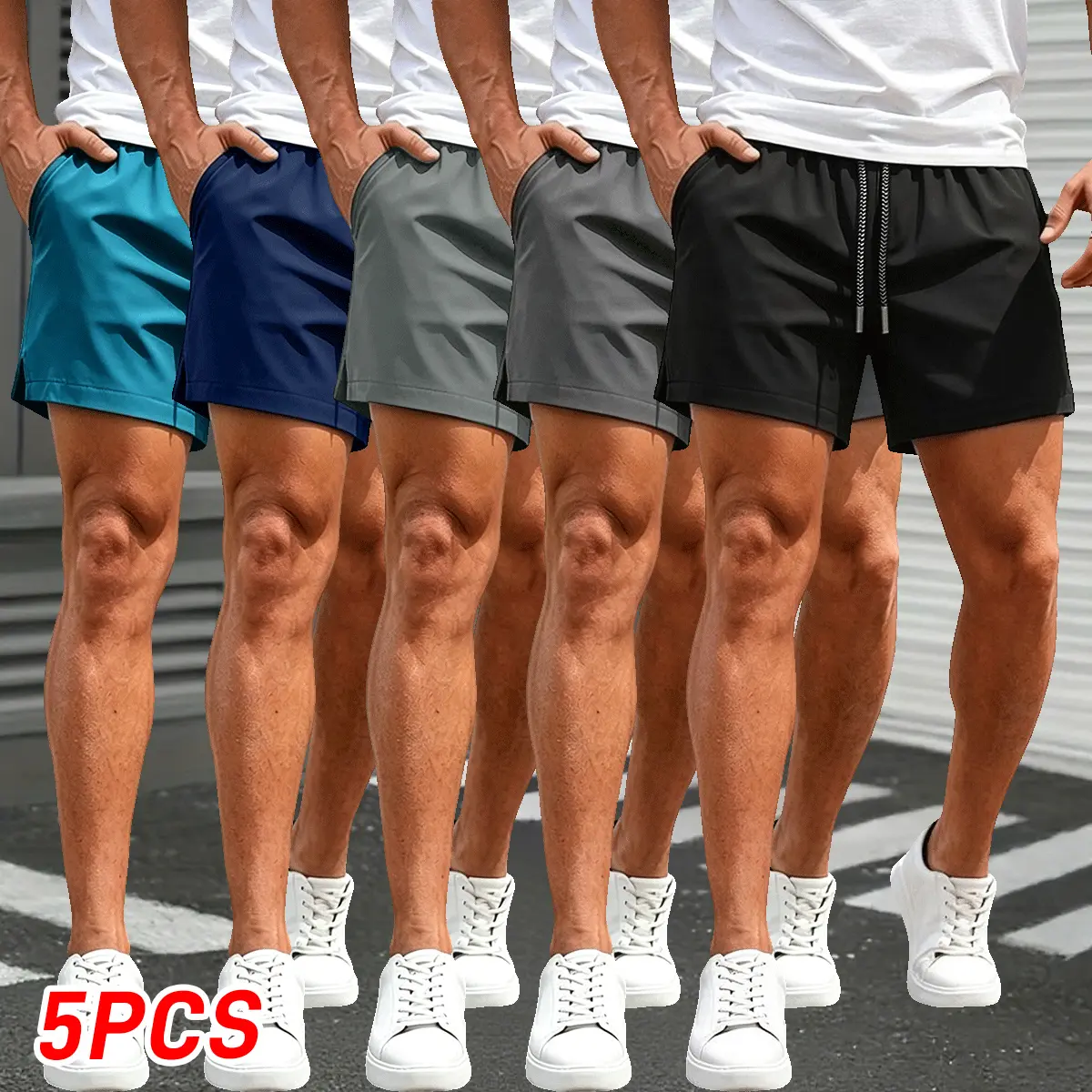 5-piece set of men’s athletic shorts, dry-wicking solid colors with a sporty casual style, featuring zippered pockets and a drawstring waistband, suitable for leisure sports, home wear, and everyday use.