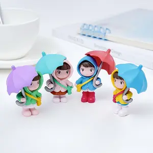 Cute Girl Holding Umbrella Miniature Garden Ornament, Adorable Raincoat Backpack Figurine, Car Decoration Accessory, Home Decor Accessory, Cute Cartoon Figurine