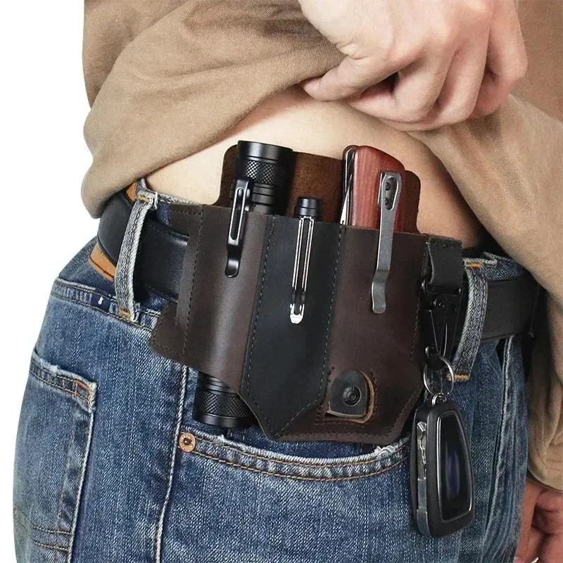 1pc Tactical EDC Tool Holder Leather Waist Pack Knife Sheath Flashlight Keychain Holder Portable Tool Organizer Leather Holster Tool Pouch With Belt Clip