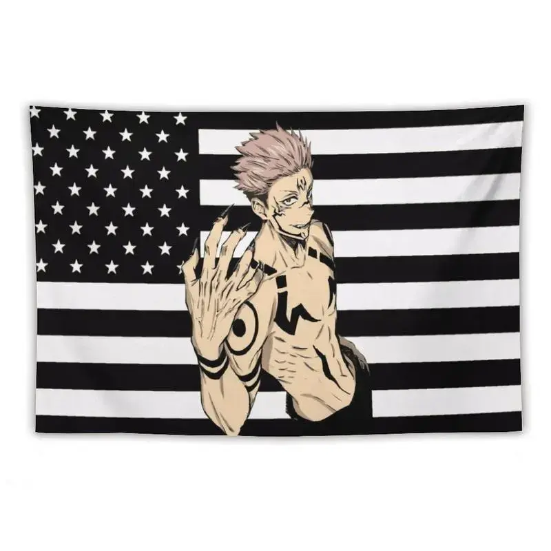 Black USA Flag Jujutsu Kaisen Anime Funny Polyester Tapestry - Room Decor, Tapestry Wall Mural, Wall Hanging, Home Supplies Accent