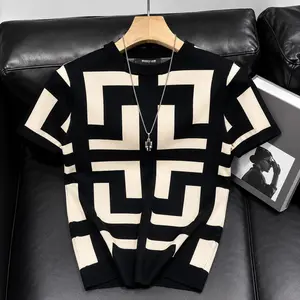 Men's Luxury Geometric Knit T-Shirt – Premium Soft Stretch Crew Neck Short Sleeve Fashion Top