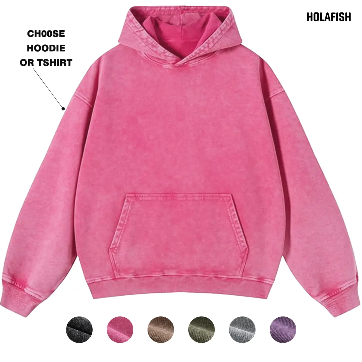 Holafish Women's Oversized Acid Wash Cotton Hoodie Sweatshirt - Unisex, Minimalist Basic, Ribbed, Kangaroo Pocket, Retro H-Type Vintage Loose Fit, Streetwear Layering Top, Casual Party OOTD, Fall Winter Long-Sleeve Pullover