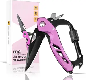 Pink Multitool Carabiner Knife Gifts for Mom Women Wife, 6-in-1 Keychain Multi Tools with Window Breaker, Bottle Opener and Screwdriver, EDC Gear Gadget for Camping Hiking