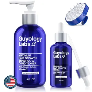Guyology Labs™ Anti Hair Loss- Hair Growth 3 Step System: Biotin + AnaGain™ Shampoo & Conditioner + Biotin Hair Growth Serum + Scalp Massager Shower Brush