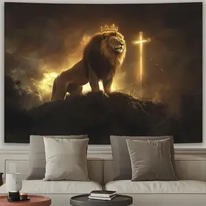 1pc 2D Flat Luxurious Lion Wearing a Crown and Cross Tapestry Perfect for Living Room Bedroom Office Party Decor - Polyester No Power Needed Office Decoration|Bold Decor Piece|Detailed Crown Design White