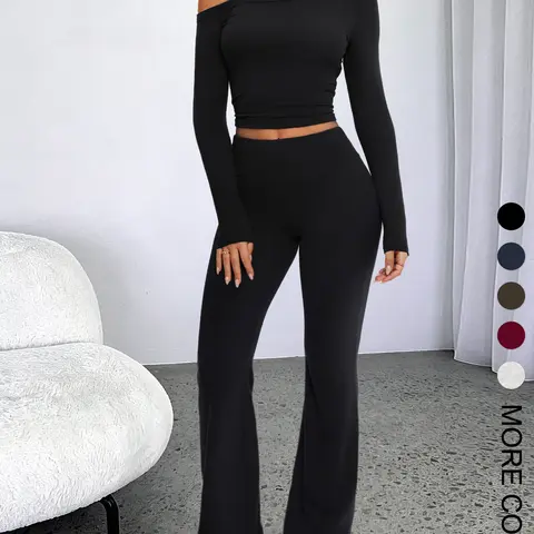 WIETRY Women's 2-Piece Off-Shoulder Long Sleeve Viscose Loungewear Set - Butter-Soft 4-Way Stretch Crop Top & Flared Pants, Casual Daily Wear, 5 Colors