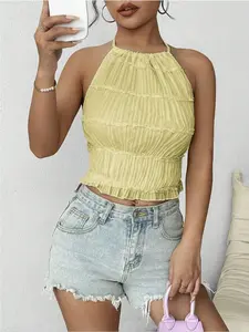 Soft Aesthetic Yellow Halter Ruched Crop Tank Backless Y2K Retro Vintage Sweet-Spicy Yellow Halter Ruched Crop Top Daily Casual Sweetie Yellow Halter Ruched Crop Tank