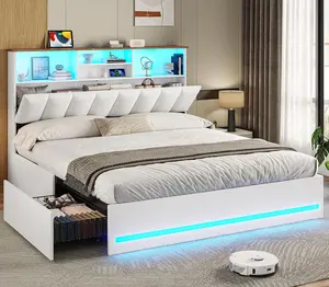 VIAGDO Queen Size Bed Frame - Modern Wooden LED-Illuminated Bookcase Headboard, Type-C & USB Charging Station, 4 Storage Drawers, No Box Spring Needed, Black Platform Bed Frame with Compartments for Apartments