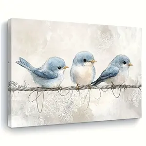 1 Piece Blue Bird Watercolor Canvas Art Print - Wooden Frame Wall Decoration, Three Blue Birds on a Wire, Winter and Spring Season Theme, Living Room, Bedroom, Office Hanging Painting - Christmas Housewarming Birthday Gift, Bird Decoration