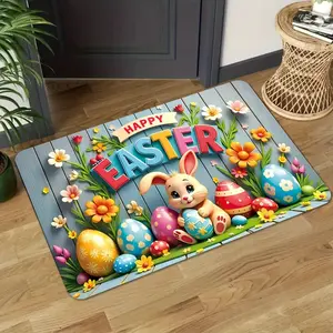 2D Flannel 1pc 1pc Premium Flannel Happy Easter Bunny Colorful Egg Floral Design Doormat | Non-Slip, Machine Washable, Fade-Resistant, Suitable for Kitchen, Dining Room, Hallway, Bathroom, Bedroom, Study, Computer Room, Indoor