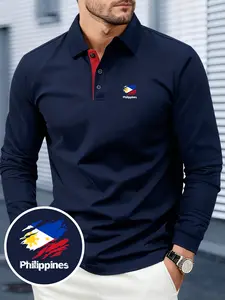 New Men's Long-Sleeve Shirt, Philippines Pattern with National Flag Print Design, Breathable & Soft Fabric, All-Season Comfort, Suitable for Business Gatherings, Outdoor Sports & Daily Wear, Minimalist & Stylish, Casual Shirt for Mature Men