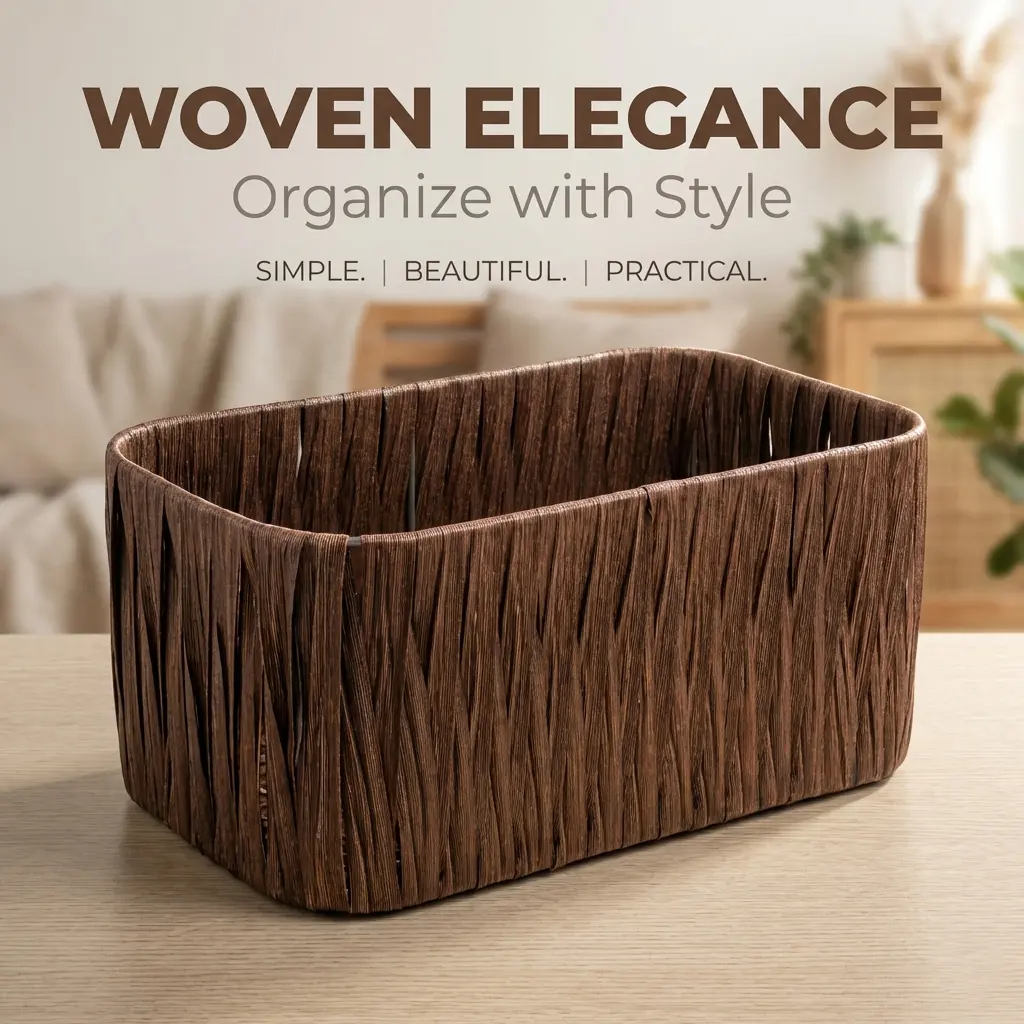 Woven Style Storage Basket with Metal Frame, Waterproof PP Organizer Bin for Bathroom, Vanity, Kitchen & Desk, Decorative Dark Brown Storage Box for Makeup, Skincare, Snacks & Home Essentials (Single Pack) wicker