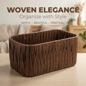Woven Style Storage Basket with Metal Frame, Waterproof PP Organizer Bin for Bathroom, Vanity, Kitchen & Desk, Decorative Dark Brown Storage Box for Makeup, Skincare, Snacks & Home Essentials (Single Pack)