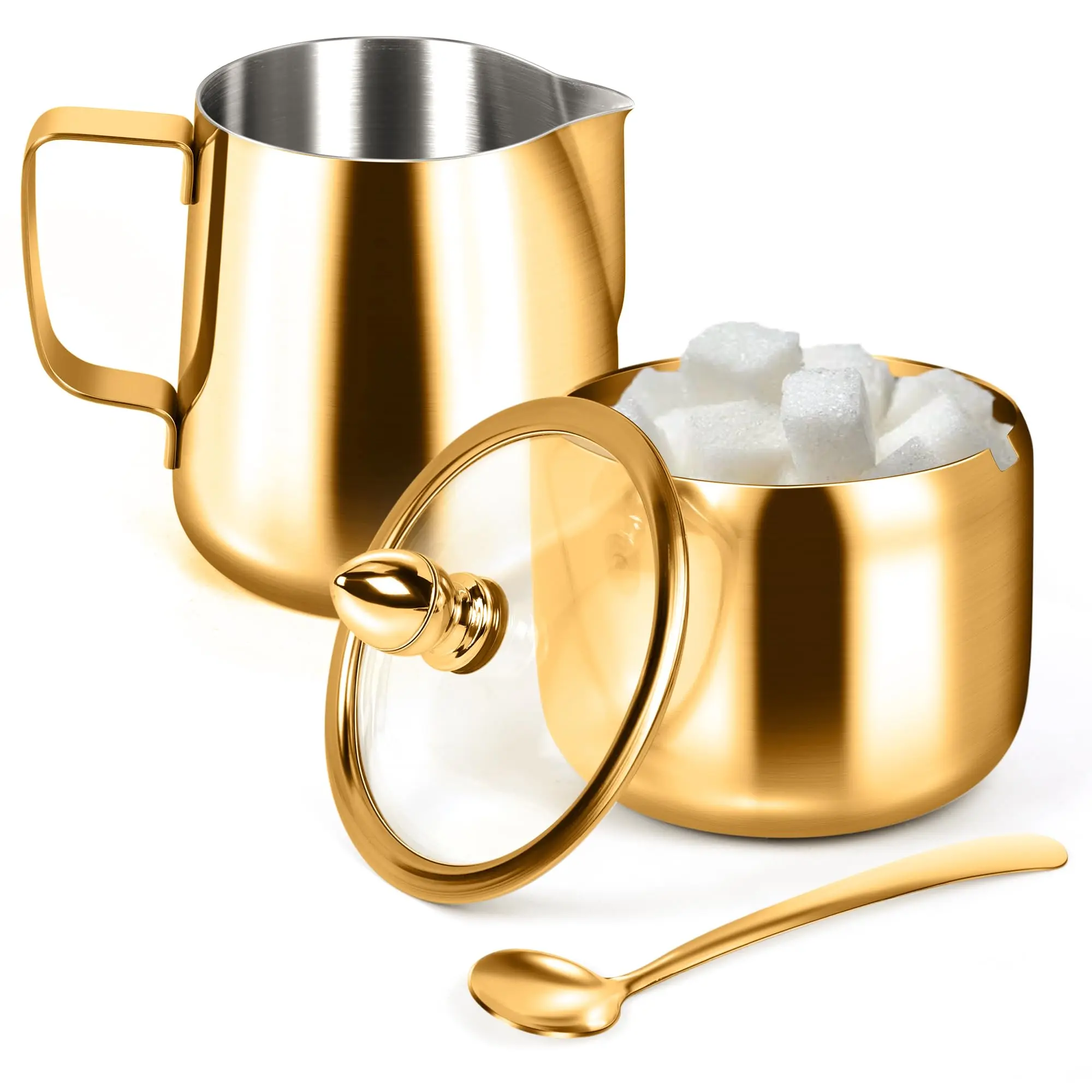 10oz Stylish Gold Stainless Steel Sugar and Creamer Set (Set of 2) - Lidded Sugar Bowl with Spoon, Milk Frothing Pitcher with Ergonomically Designed Handle & Smooth Spout, Dishwasher Safe Home Coffee Bar Accessories, Gift Ready for Weddings