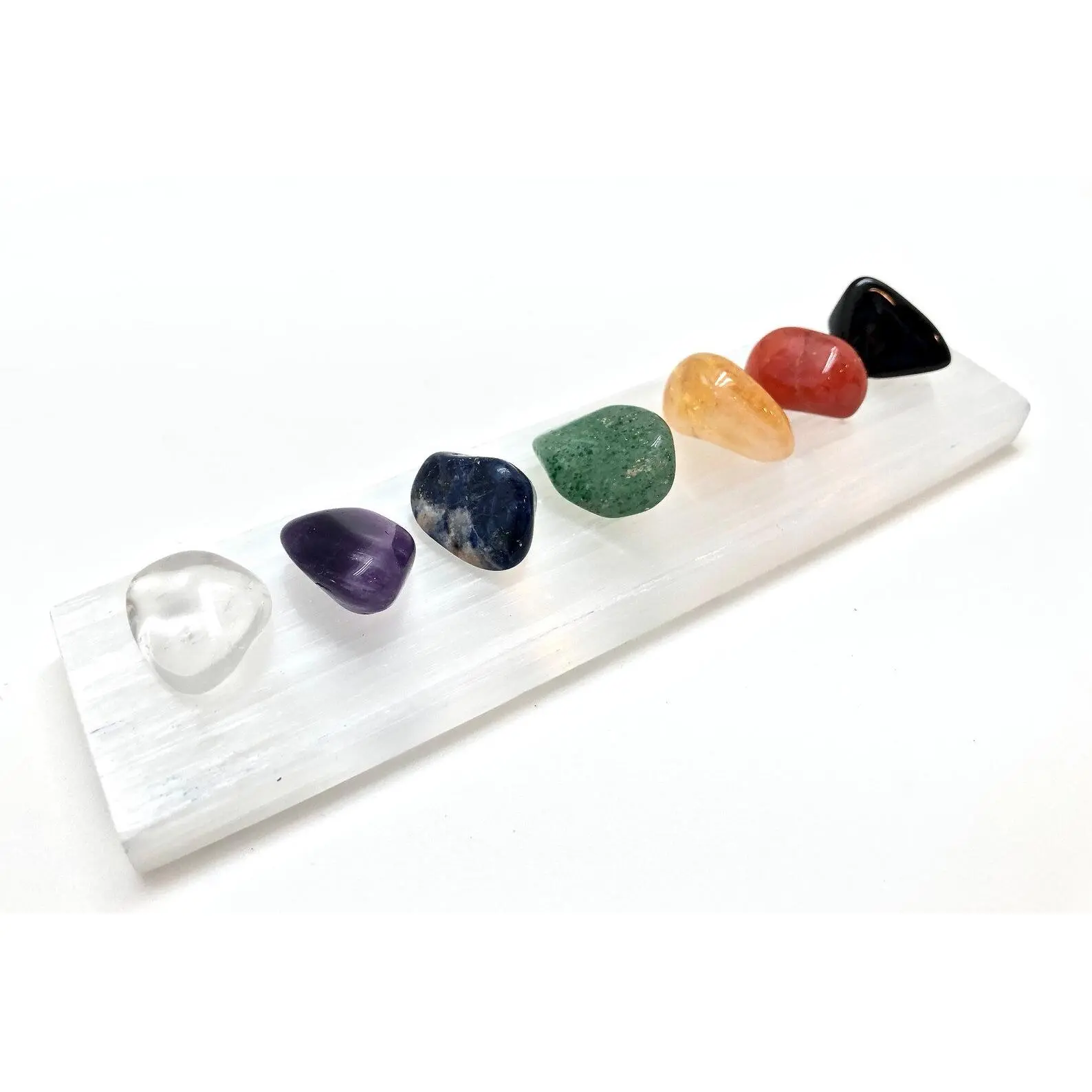 Seven Chakra Tumbled Stone Set with Selenite Plate - Chakra Balancing Set - Black Tourmaline, Carnelian, Citrine, Green Aventurine, Sodalite, Amethyst, Clear Quartz, Selenite