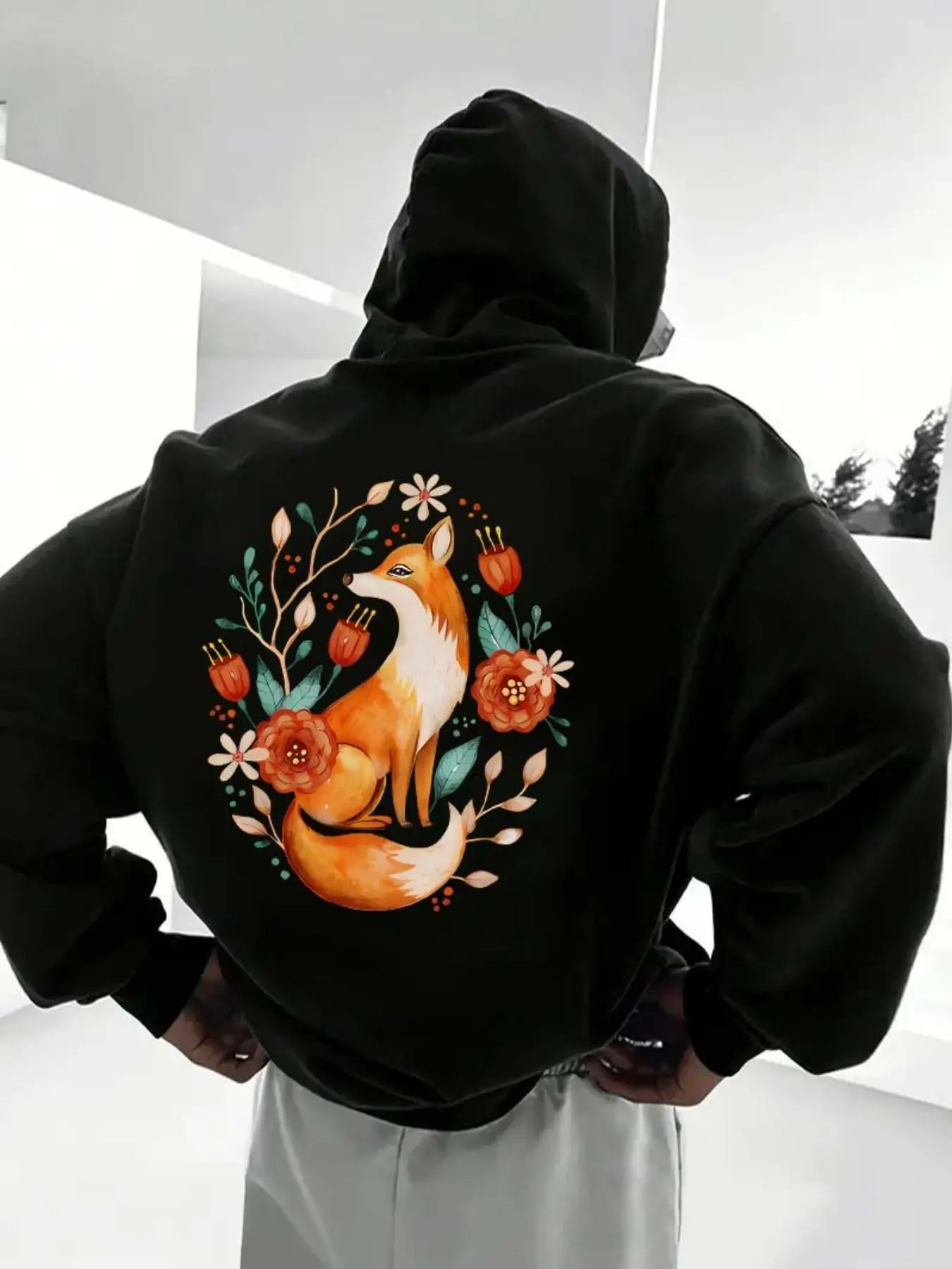 Men's Cartoon Fox Print Drop Shoulder Hoodie, Fashion Casual Regular Fit Drawstring Pocket Hooded Sweatshirt for Daily Holiday Outdoor Wear, Men Clothes for Fall & Winter
