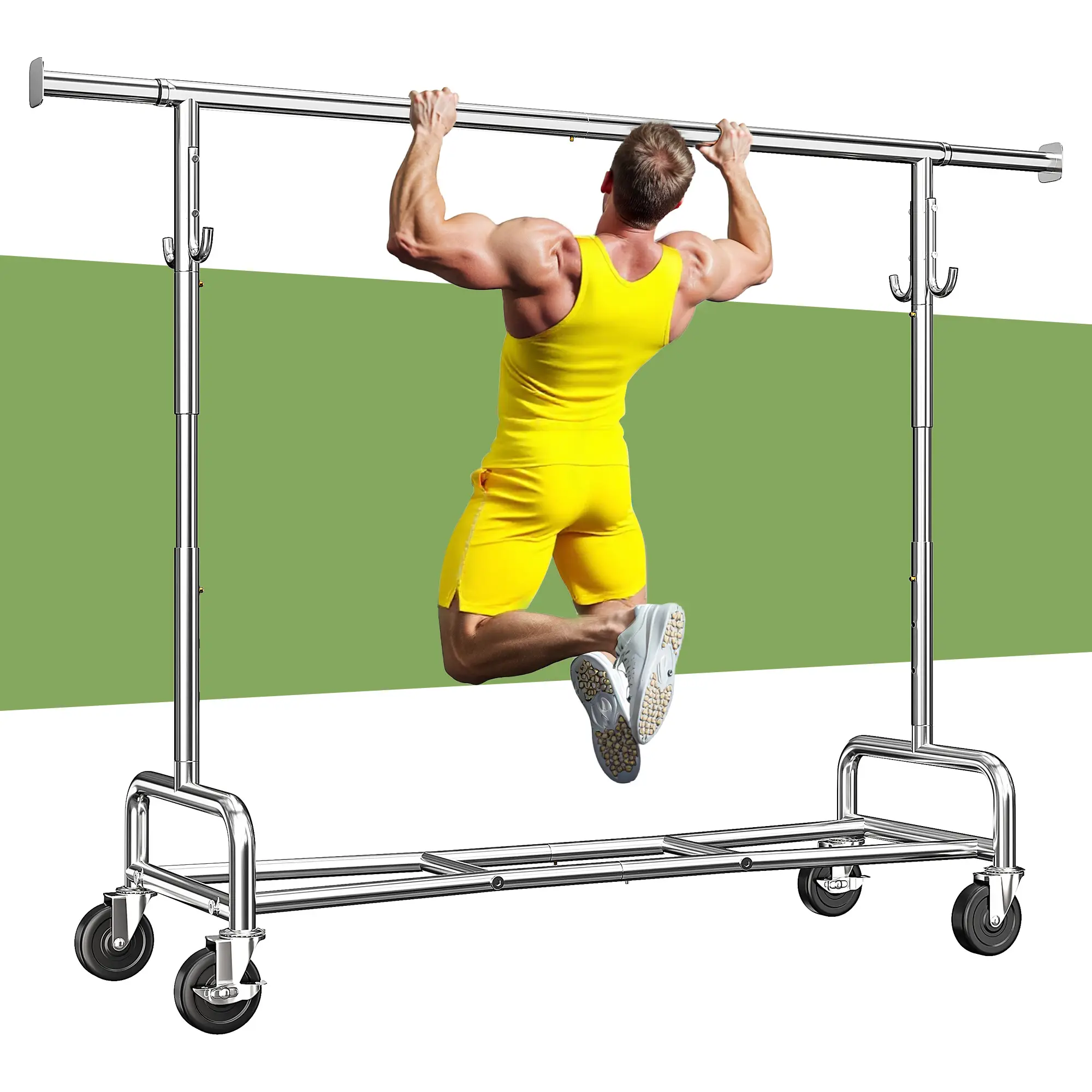 Raybee Heavy Duty Clothes Rack Load 220 LBS, Clothing Racks for Hanging Clothes Rolling Garment Rack with Wheels & Shelf, Portable & Adjustable Chrome