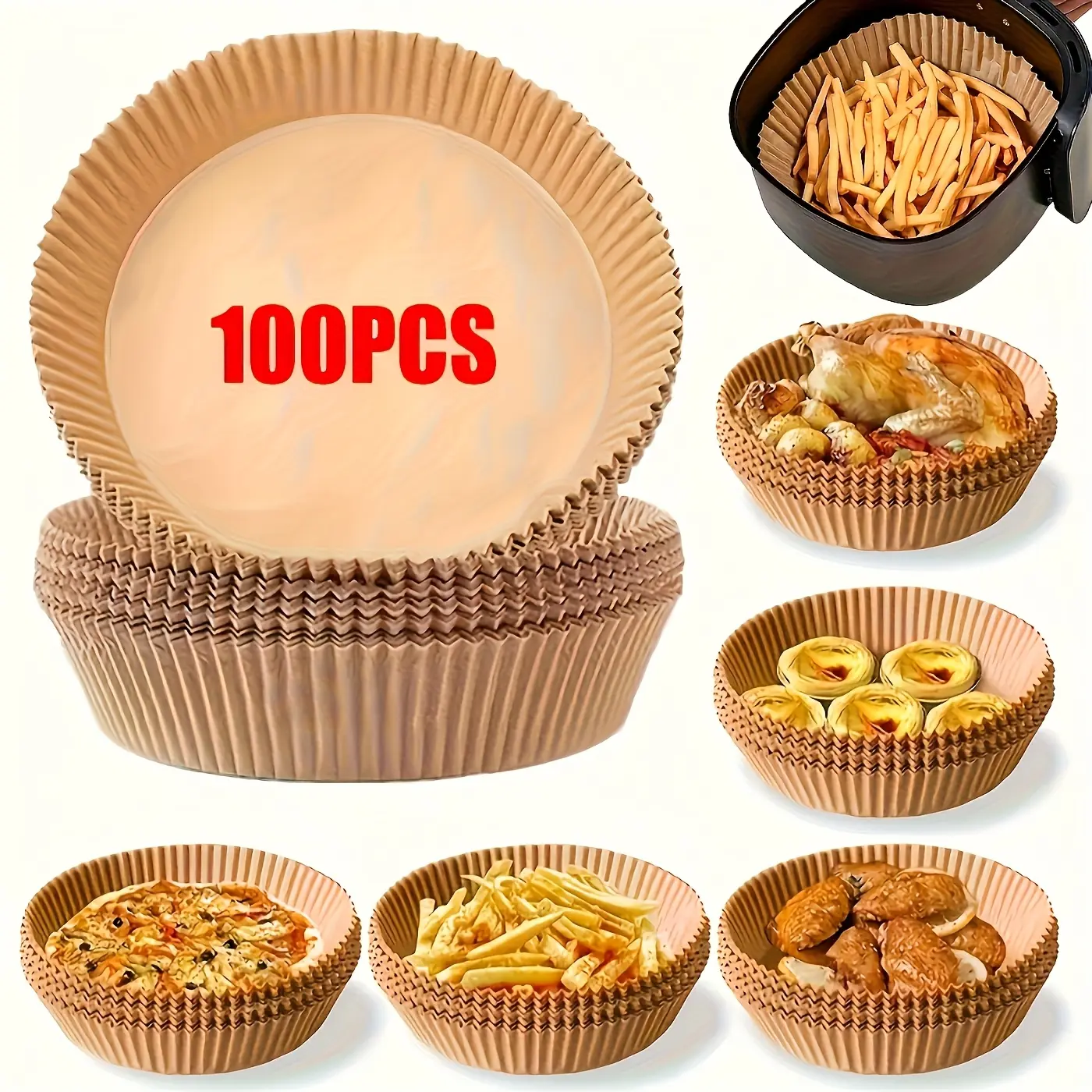 7.9in Round Non-Stick Air Fryer Parchment Paper Pads (100 Count) - Unbleached Bakeware, Oil-Resistant, Durable Pads for Healthy Cooking, Baking, Microwave Use