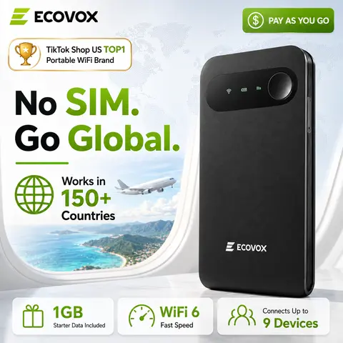 ECOVOX Compact No SIM 4G LTE Portable WiFi Hotspot - USB-C Wireless Mini Pocket Router, FCC Certified, 150Mbps Speed, 1GB Starter Data, 150+ Countries, Linux, 802.11.a, No Contract, Cool Gadgets, for Phones/Tablets, Outdoor Use