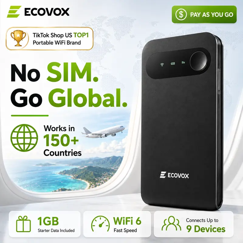 ECOVOX Compact No SIM 4G LTE Portable WiFi Hotspot - USB-C Wireless Mini Pocket Router, FCC Certified, 150Mbps Speed, 1GB Starter Data, 150+ Countries, Linux, 802.11.a, No Contract, Cool Gadgets, for Phones/Tablets, Outdoor Use