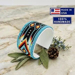 Handmade Native American Style Beaded Cuff Bracelet - Turquoise Cyan Blue Geometric Tribal Jewelry - Boho Southwestern Beaded Bangle Gift for Her