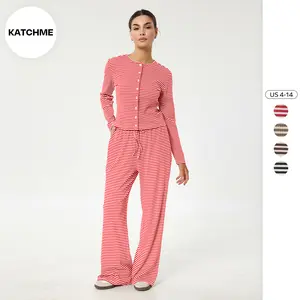 KatchMe Women's Casual Stripe Button-Up Long Sleeve Top & Drawstring Waist Wide Leg Trousers Co-ord, Cozy Two Piece Set, Minimalist Womenswear (2)