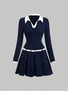 Elegant Women's Fitted Long Sleeve Mesh Dress, Womenswear, Colorful Trim and Waist Belt, Fall Campus Style, Short Graduation Gown, Patchwork Design