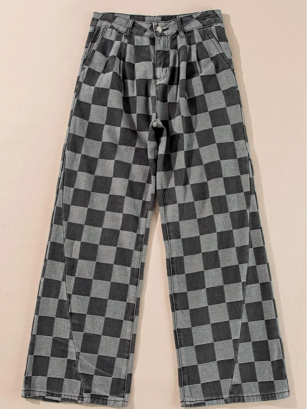 Women's High-Waisted Plaid Wide-Leg Comfortable Fit Denim Pants, Chic Casual Everyday Bottoms