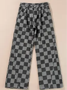 Women's High Waisted Checkered Jeans | Plaid Wide Leg Loose Denim Pants