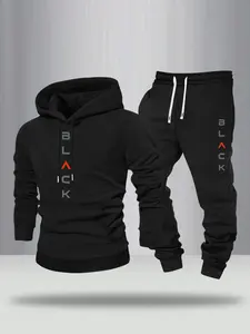 Men's Letter Print Hoodie & Pants Two-Piece Set, Regular Fit Casual Long Sleeve Hooded Sweatshirt & Jogger Pants for Fall & Winter, Men's Two-piece Outfits for Daily Wear, Tracksuit Sets