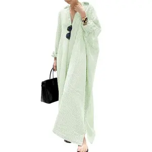 Chouyatou Women's Casual Long Sleeve Button Down Loose Striped Cotton Maxi Shirt Dress Grey Caftan Comfy Basic Batwing Sleeves Breathable Lightweight Beach Clothes Womenswear Bikini Elegant Fit