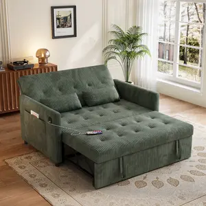 53" Sofa Bed Loveseat 3-in-1 Sleeper Sofa Couch with Pull Out Bed, 3 Reclining Positions, USB & Side Pockets – Green Corduroy 2-Seater Convertible Small Couch for Living Room, Bedroom, Apartment sleeping futon sofa bed
