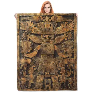 Ancient Tribal God Fleece Blanket, Exquisite Mayan Art Design, 50 X 60 Inch SoFt Blanket, Deep Gold And Black