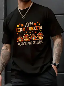 100% Cotton Unisex Team Tiny Turkeys Labor And Delivery Nurse Fall Thanksgiving T-Shirt， men's autumn short-sleeved shirt, featuring maple leaf and Thanksgiving Halloween prints