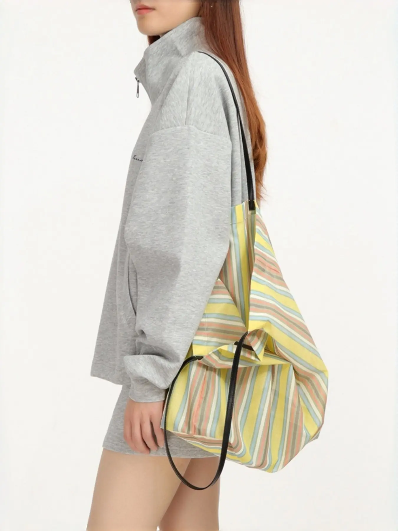 Original Design Rainbow Striped Tote Bag, Casual Harajuku Style, Large Capacity Canvas Shoulder Bag, Korean Fashion Colorful Crossbody Bag