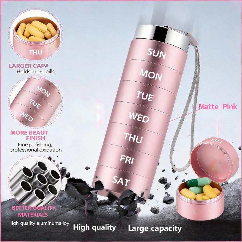 Metal Travel Pill Organizer, Portable 7-Day Waterproof Weekly Pill Case, Large CapacityAluminum Container - BPA Free Daily Medication Organizer for Vitamins & Supplements
