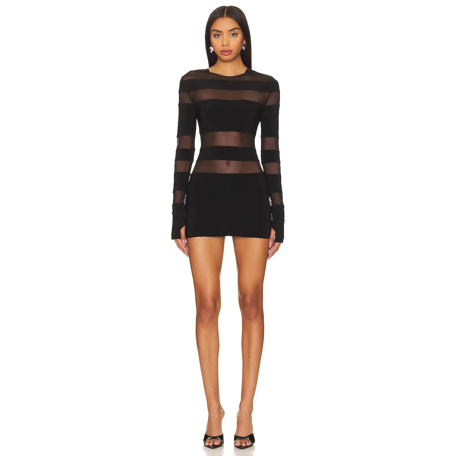 Norma Kamali Spliced Long Sleeve Pickleball Dress in Black & Black Mesh