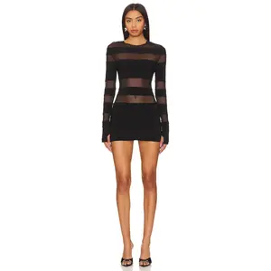 Norma Kamali Spliced Long Sleeve Pickleball Dress in Black & Black Mesh