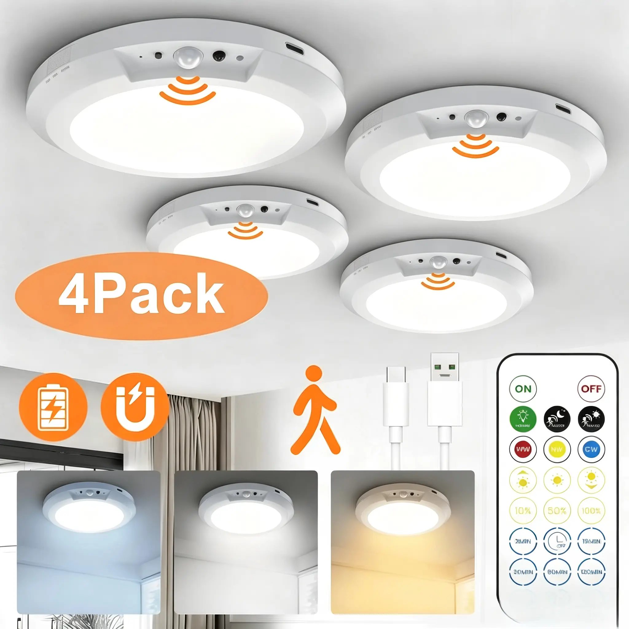 Rechargeable Sensor Ceiling Light - Cordless Lamp with Remote Control, USB Charging, Magnetic Wireless Battery, 7-10 Hours Runtime, Dimmable Ceiling Lighting for Closet, Sheds