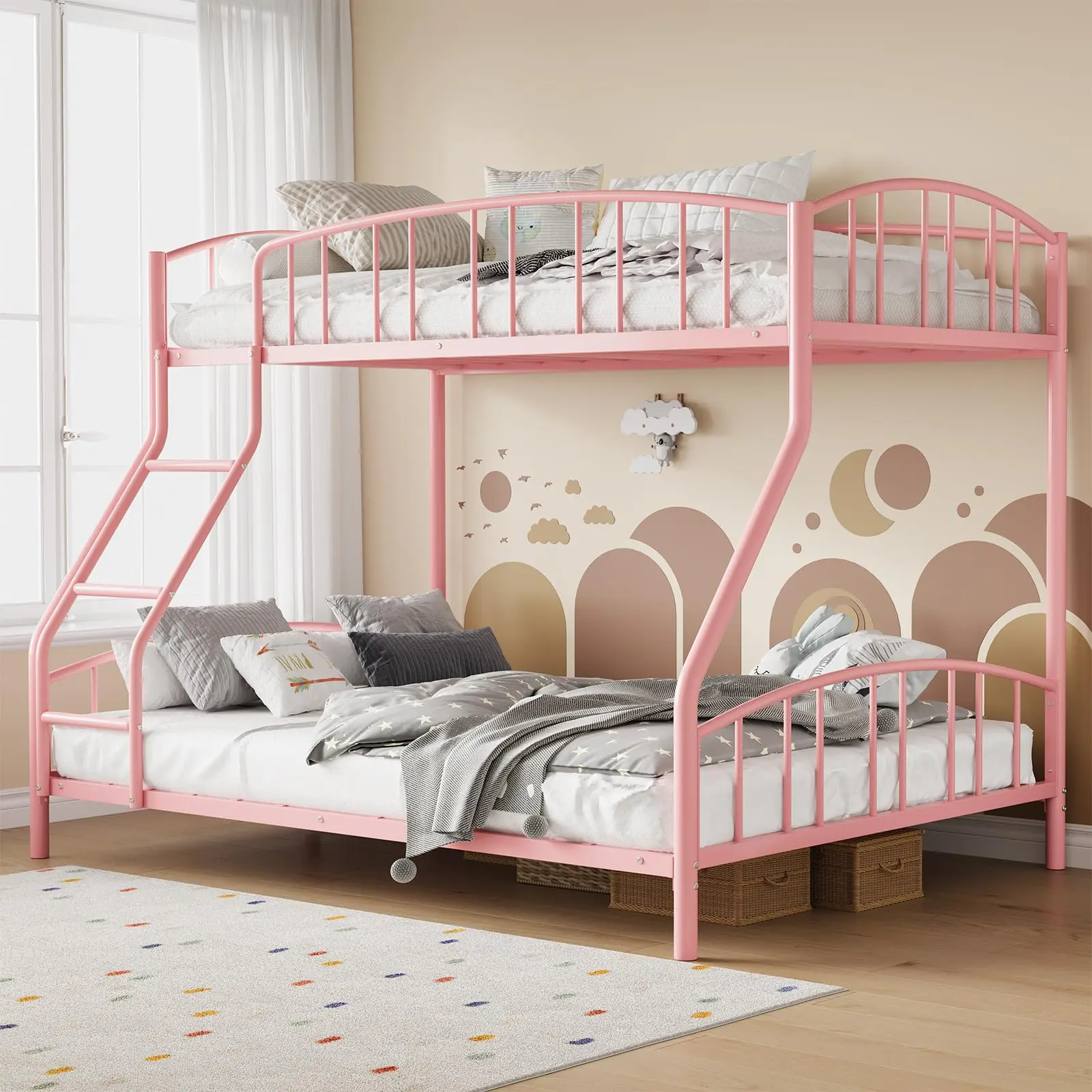 Garvee Upgraded Space-Saving Twin Over Full Bunk Bed - Heavy Duty Steel Frame, Sturdy Slats, Arched Guardrail & Ladder - No Box Spring Needed, Ideal for Kids, Boys, Girls