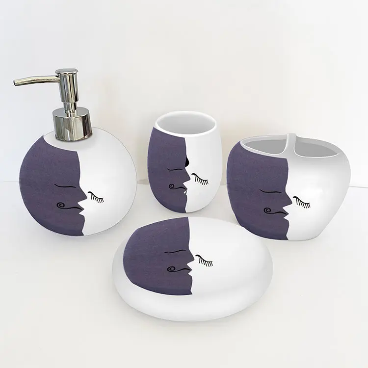 4-Piece 3D Shape Purple and White Ceramic Bathroom Accessory Set with Soap Dispenser, Home Bathroom Gadget Set