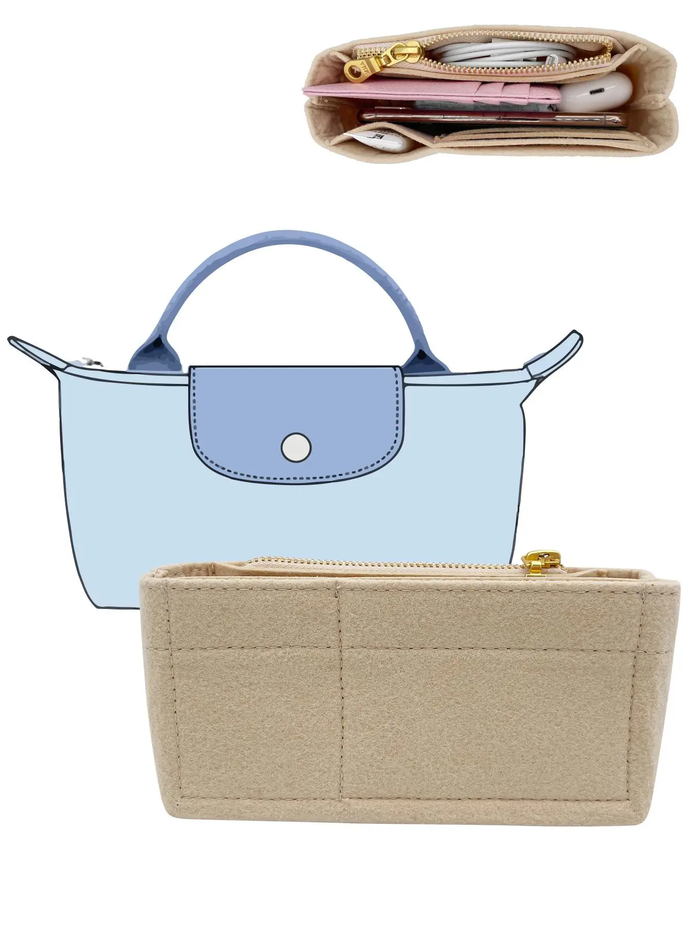 Solid Color Mini Insert Storage Bag, Portable Travel Liner Storage Bag, Zipper Insert Storage Bag for Shoulder Bag & Handbag