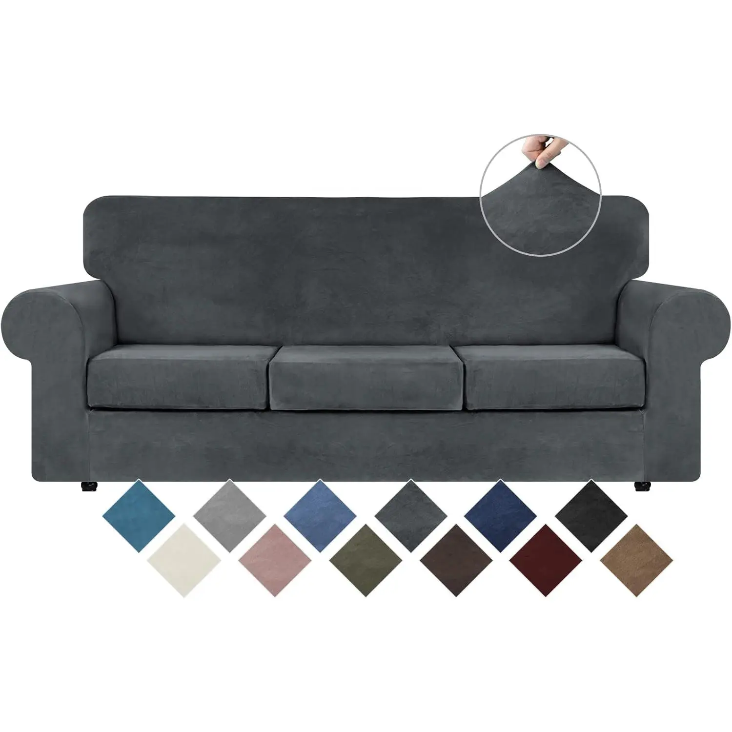 4 Pieces Velvet High Stretch Couch Covers for 3 Cushion Sofa Slipcovers, Washable Furniture Protector with Non Slip Elastic Bottom, Feature Soft and Thick Plush, Dark Grey, Large