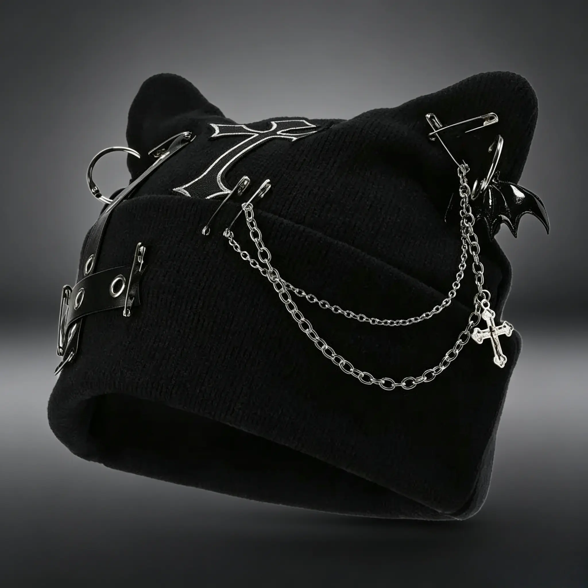 Women’s Gothic Cat Ear Beanie - Punk Chain & Bat Charm, Adjustable Y2K Grunge Winter Knit Hat, Black Streetwear Accessory, Soft Machine-Washable, Trendy Urban Casual Wearcontemporary style wear