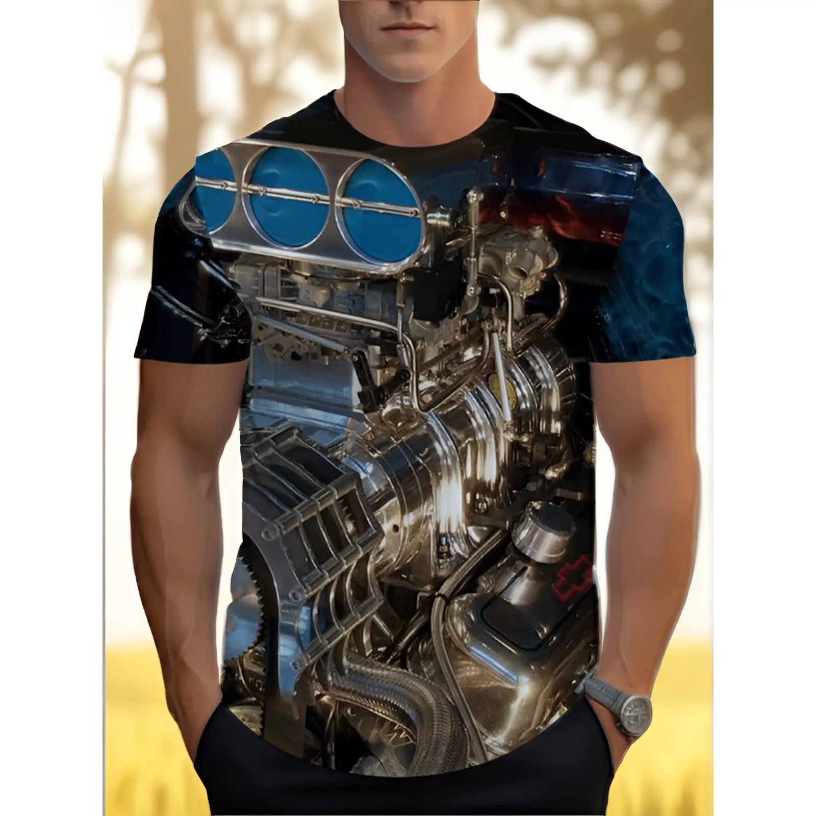 Men's 3D Engine Print T-Shirt- Vintage Style, Regular Fit, Round Neck, Perfect for Car Enthusiasts and Mechanics, Unique Graphic T-Shirt| Vintage-style Shirt| Elastic Shirt for Men with Full Body Mechanical Parts Print T-shirt, Men's Industrial