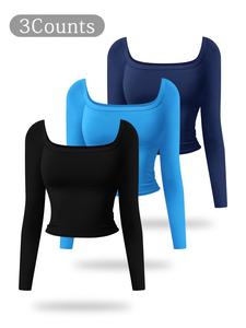 women's solid color sports tee, tight fit casual active long sleeve top for yoga gym workout, ladies sportswear for all seasons