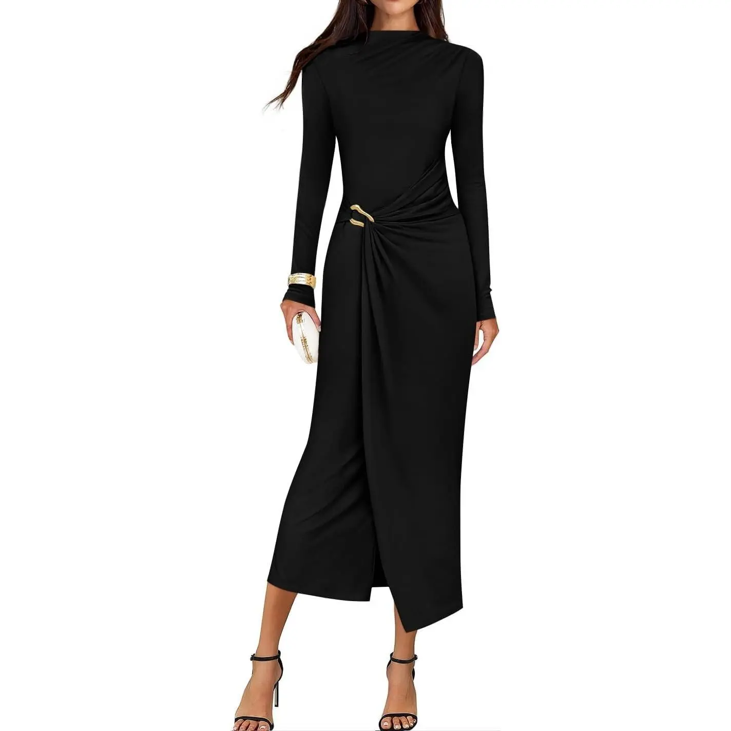 ZESICA Women's 2025 Fall Long Sleeve Bodycon Dress Mock Neck Ruched Design Wedding Guest Cocktail Party Long Midi Dresses