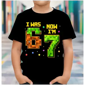 100% Cotton Youth 7 Year Old Birthday I Was 6 Now I'm 7 Six Seven Meme T-Shirt, Pixel Meme Gamer Graphic Tee for Birthday
