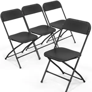 Folding Chairs Set of 4, Black Plastic Chair Sturdy Seat with Metal Frame, Perfect for Party, Event, Wedding, Birthday, Office, Outside Entertaining